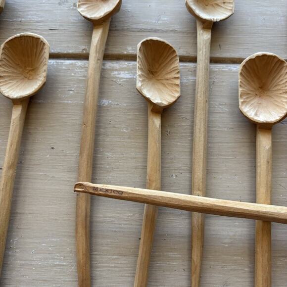 Set of 11 rustic hand-carved Mexican Folk Art Native Wooden Coffee Spoons - Picture 2 of 11